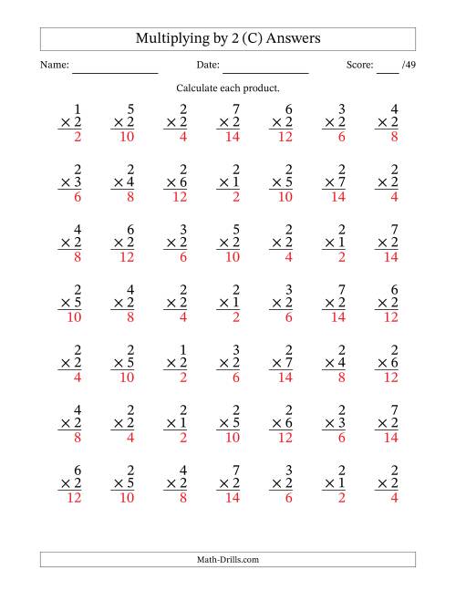 The Multiplying (1 to 7) by 2 (49 Questions) (C) Math Worksheet Page 2