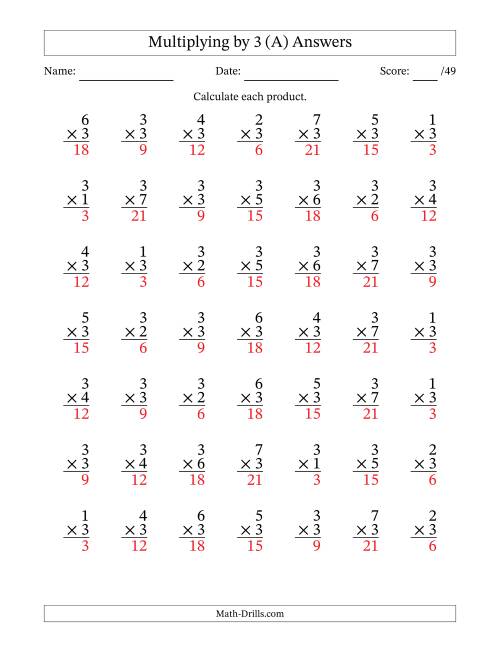 The Multiplying (1 to 7) by 3 (49 Questions) (A) Math Worksheet Page 2