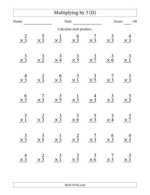 The Multiplying (1 to 7) by 3 (49 Questions) (D) Math Worksheet
