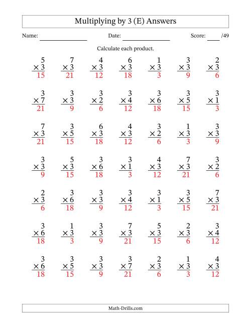 The Multiplying (1 to 7) by 3 (49 Questions) (E) Math Worksheet Page 2