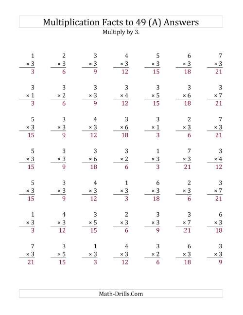 The Multiplication Facts to 49 No Zeros with Target Fact 3 (Old) Math Worksheet Page 2