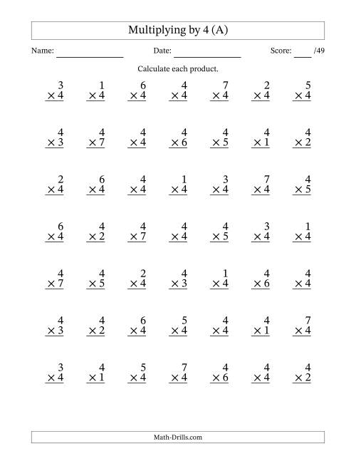 The Multiplying (1 to 7) by 4 (49 Questions) (A) Math Worksheet