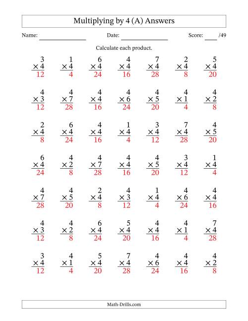 The Multiplying (1 to 7) by 4 (49 Questions) (A) Math Worksheet Page 2