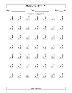 Multiplying (1 to 7) by 5 (49 Questions)