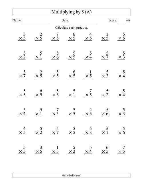 The Multiplying (1 to 7) by 5 (49 Questions) (A) Math Worksheet
