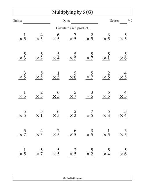 The Multiplying (1 to 7) by 5 (49 Questions) (G) Math Worksheet