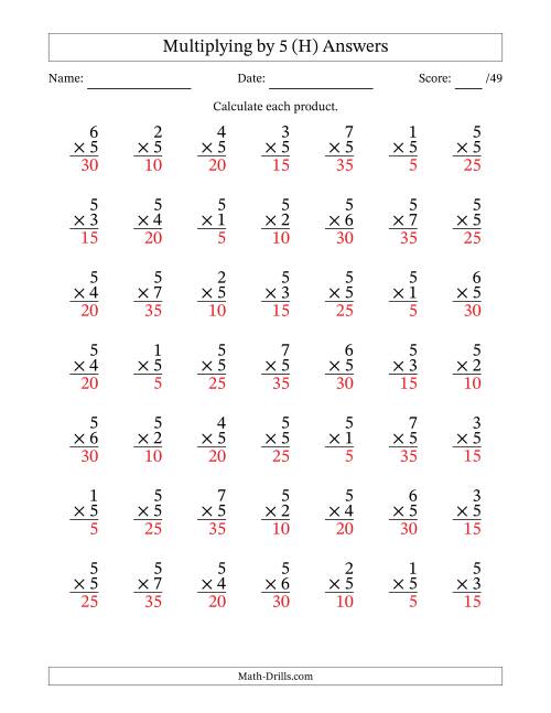 The Multiplying (1 to 7) by 5 (49 Questions) (H) Math Worksheet Page 2
