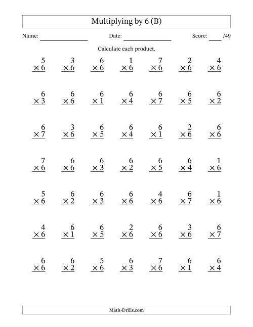 The Multiplying (1 to 7) by 6 (49 Questions) (B) Math Worksheet