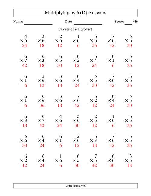 The Multiplying (1 to 7) by 6 (49 Questions) (D) Math Worksheet Page 2