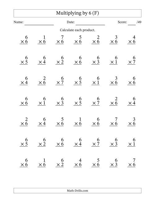The Multiplying (1 to 7) by 6 (49 Questions) (F) Math Worksheet