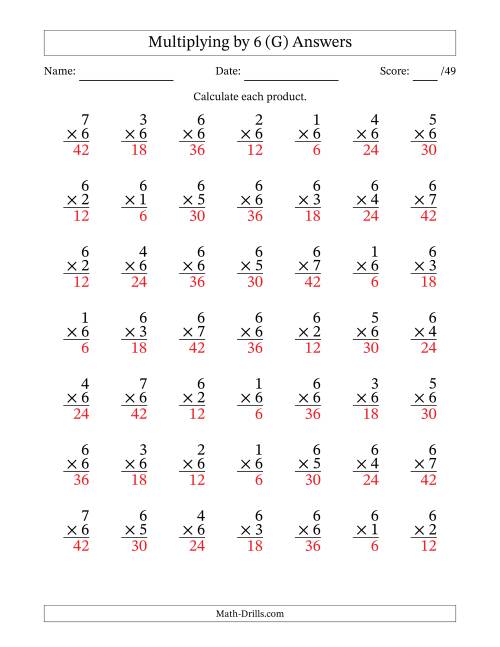 The Multiplying (1 to 7) by 6 (49 Questions) (G) Math Worksheet Page 2