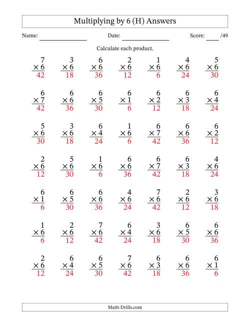 The Multiplying (1 to 7) by 6 (49 Questions) (H) Math Worksheet Page 2