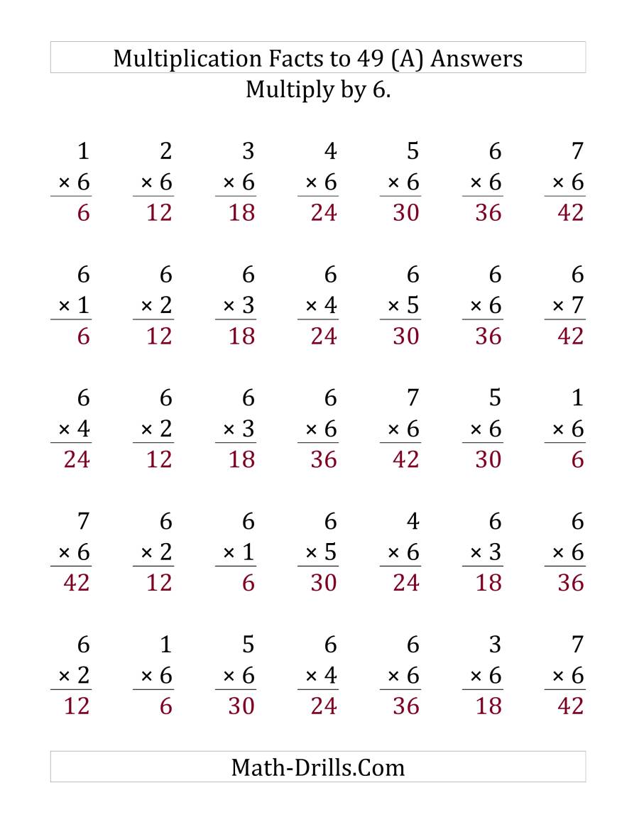 Multiplication Facts to 49 No Zeros with Target Fact 6 (LP)