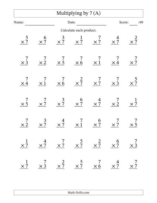 The Multiplying (1 to 7) by 7 (49 Questions) (A) Math Worksheet