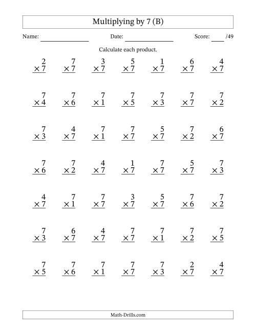The Multiplying (1 to 7) by 7 (49 Questions) (B) Math Worksheet