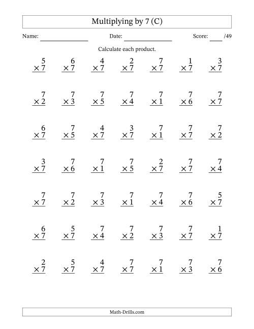 The Multiplying (1 to 7) by 7 (49 Questions) (C) Math Worksheet