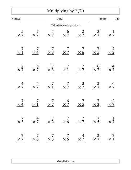 The Multiplying (1 to 7) by 7 (49 Questions) (D) Math Worksheet