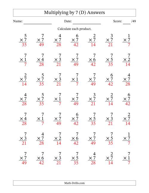 The Multiplying (1 to 7) by 7 (49 Questions) (D) Math Worksheet Page 2