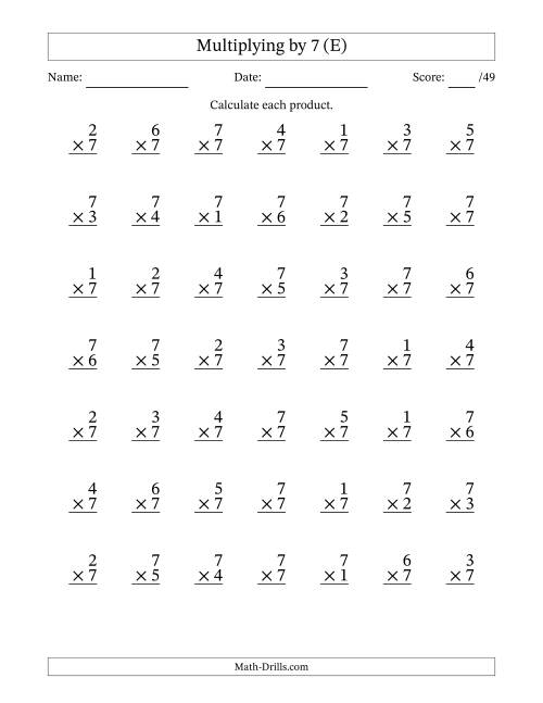 The Multiplying (1 to 7) by 7 (49 Questions) (E) Math Worksheet