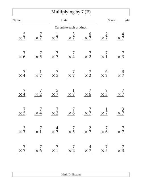 The Multiplying (1 to 7) by 7 (49 Questions) (F) Math Worksheet