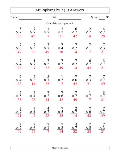 The Multiplying (1 to 7) by 7 (49 Questions) (F) Math Worksheet Page 2