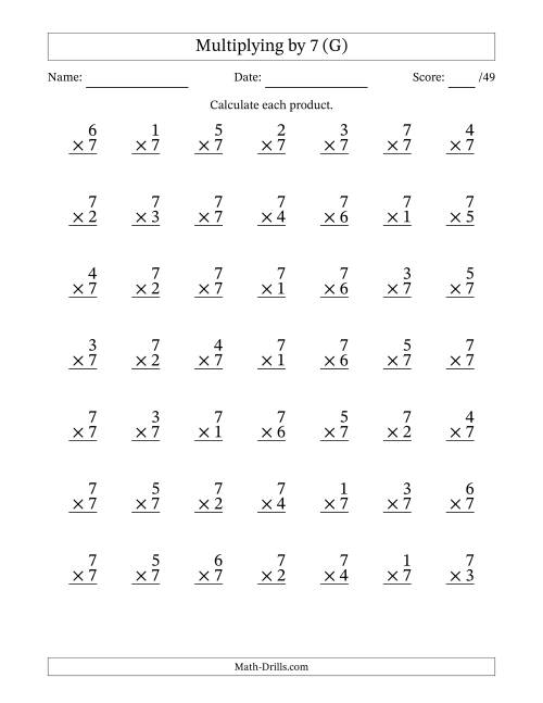 The Multiplying (1 to 7) by 7 (49 Questions) (G) Math Worksheet