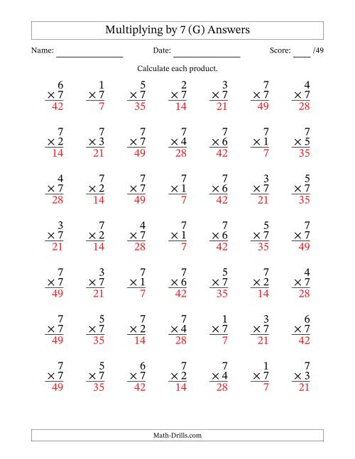 The Multiplying (1 to 7) by 7 (49 Questions) (G) Math Worksheet Page 2