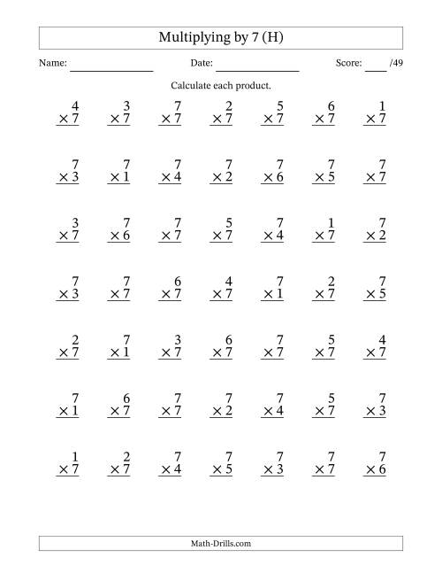 The Multiplying (1 to 7) by 7 (49 Questions) (H) Math Worksheet