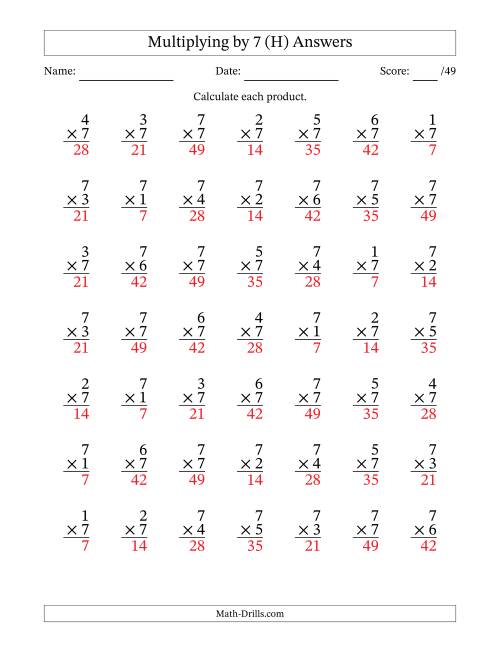 The Multiplying (1 to 7) by 7 (49 Questions) (H) Math Worksheet Page 2