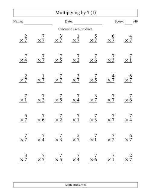 The Multiplying (1 to 7) by 7 (49 Questions) (I) Math Worksheet