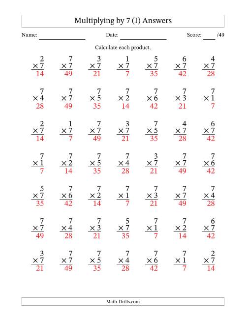 The Multiplying (1 to 7) by 7 (49 Questions) (I) Math Worksheet Page 2