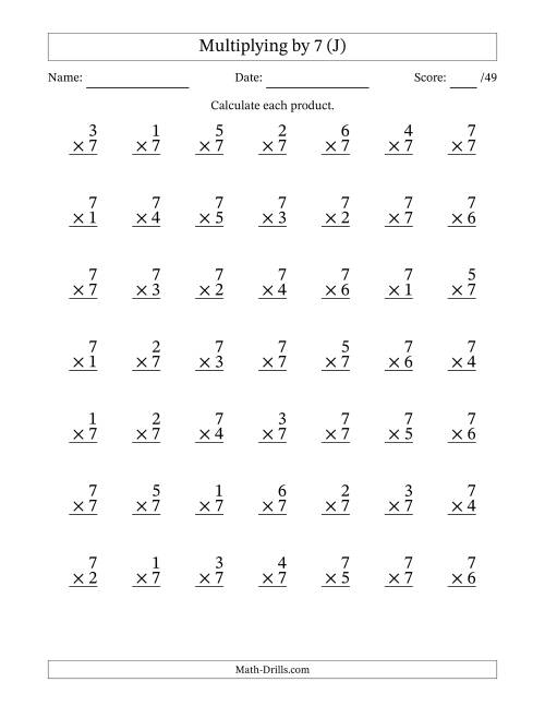 The Multiplying (1 to 7) by 7 (49 Questions) (J) Math Worksheet