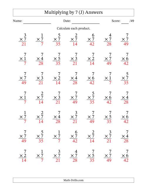 The Multiplying (1 to 7) by 7 (49 Questions) (J) Math Worksheet Page 2