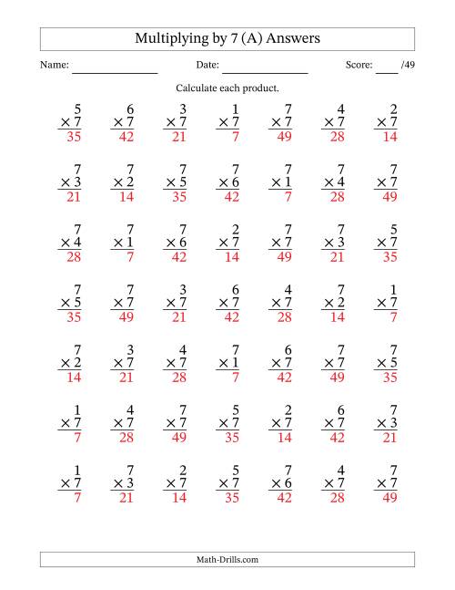 The Multiplying (1 to 7) by 7 (49 Questions) (All) Math Worksheet Page 2