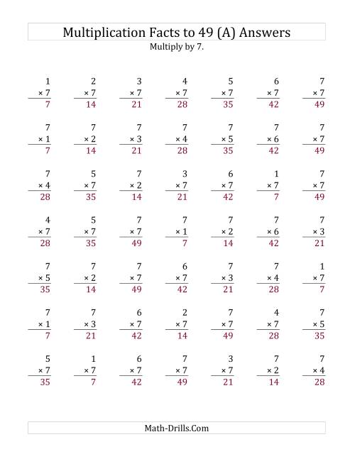 The Multiplication Facts to 49 No Zeros with Target Fact 7 (Old) Math Worksheet Page 2