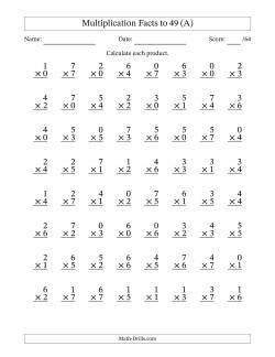 Multiplication Facts to 49 (64 Questions) (With Zeros)