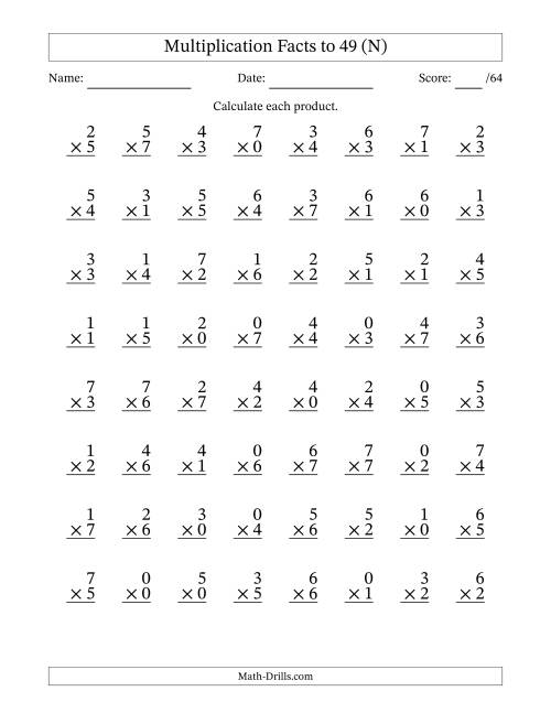 The Multiplication Facts to 49 (64 Questions) (With Zeros) (N) Math Worksheet