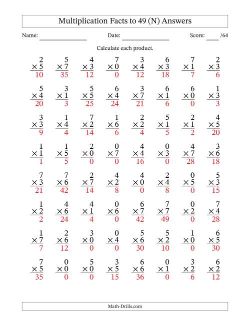 The Multiplication Facts to 49 (64 Questions) (With Zeros) (N) Math Worksheet Page 2