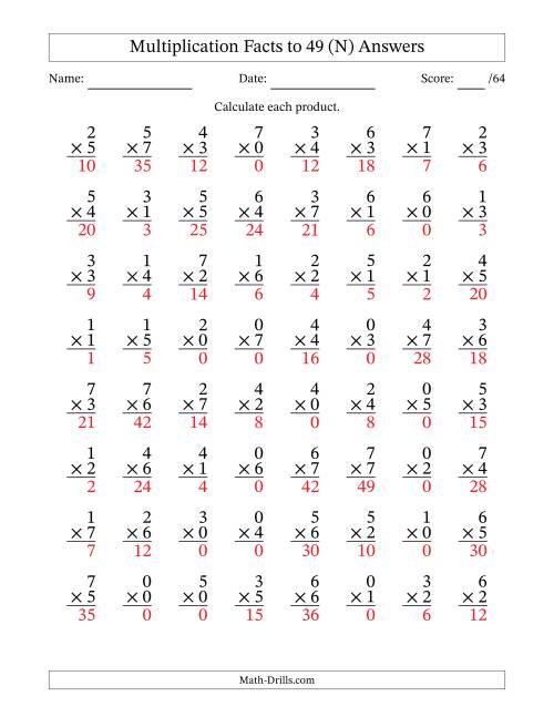 multiplication facts to 49 64 questions with zeros n