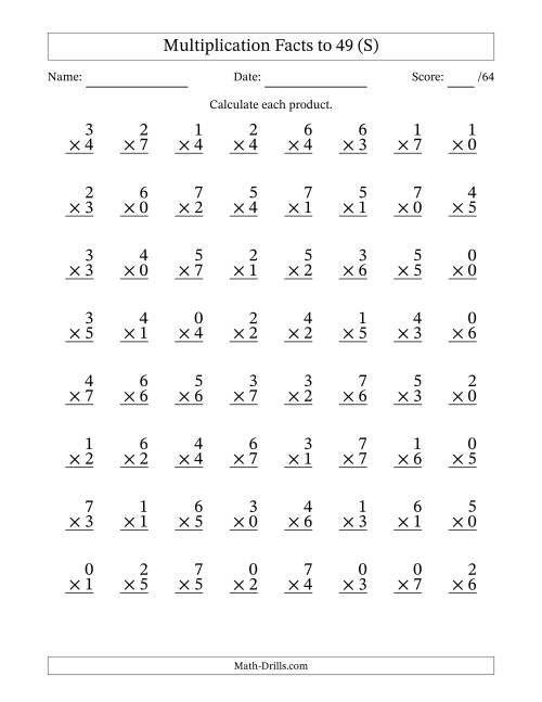 The Multiplication Facts to 49 (64 Questions) (With Zeros) (S) Math Worksheet