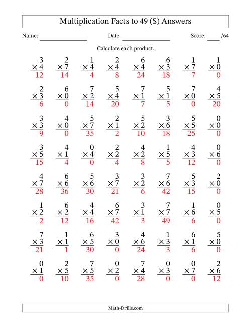 The Multiplication Facts to 49 (64 Questions) (With Zeros) (S) Math Worksheet Page 2