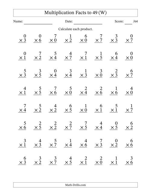 The Multiplication Facts to 49 (64 Questions) (With Zeros) (W) Math Worksheet