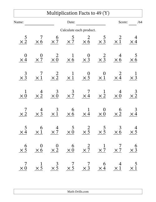 The Multiplication Facts to 49 (64 Questions) (With Zeros) (Y) Math Worksheet