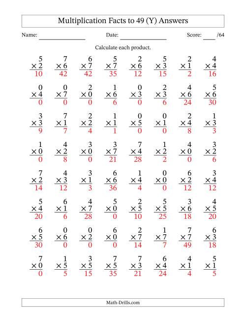 The Multiplication Facts to 49 (64 Questions) (With Zeros) (Y) Math Worksheet Page 2