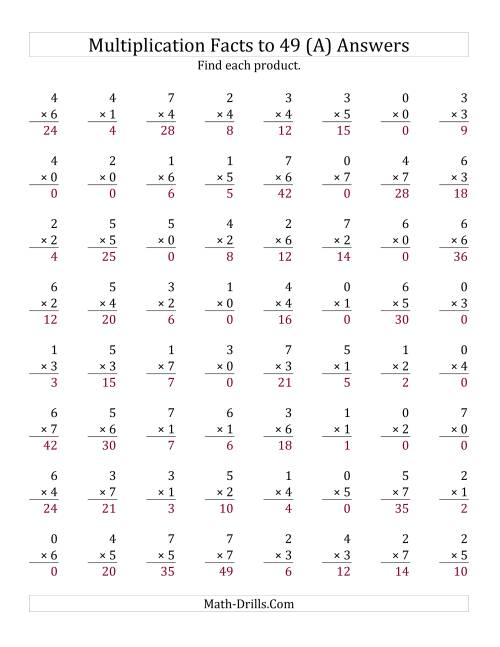 Multiplication Facts To 49 Answer Key