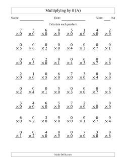 Multiplying (0 to 7) by 0 (64 Questions)