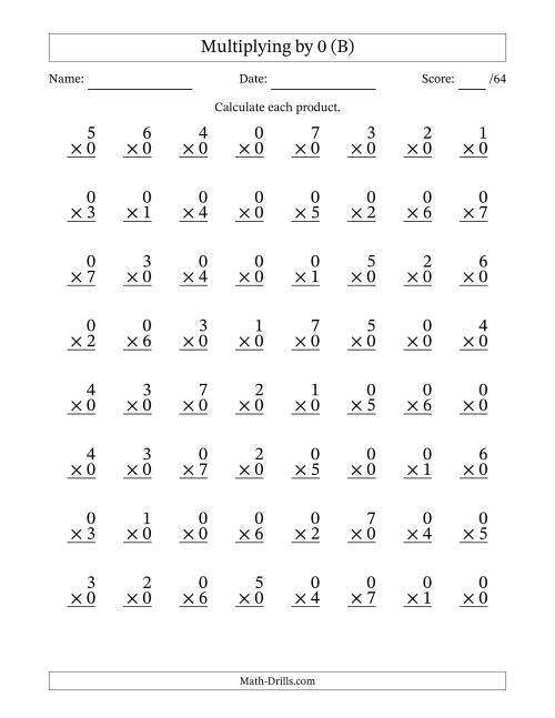The Multiplying (0 to 7) by 0 (64 Questions) (B) Math Worksheet