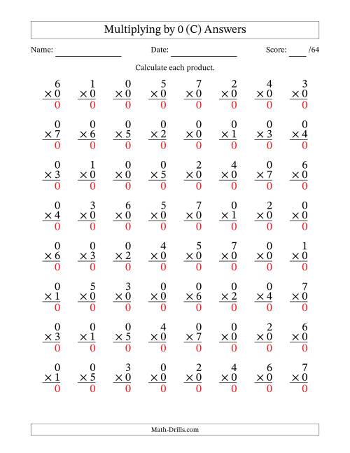 The Multiplying (0 to 7) by 0 (64 Questions) (C) Math Worksheet Page 2