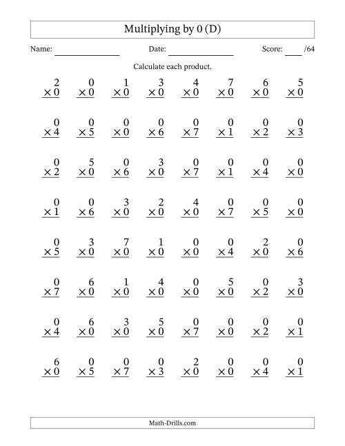 The Multiplying (0 to 7) by 0 (64 Questions) (D) Math Worksheet