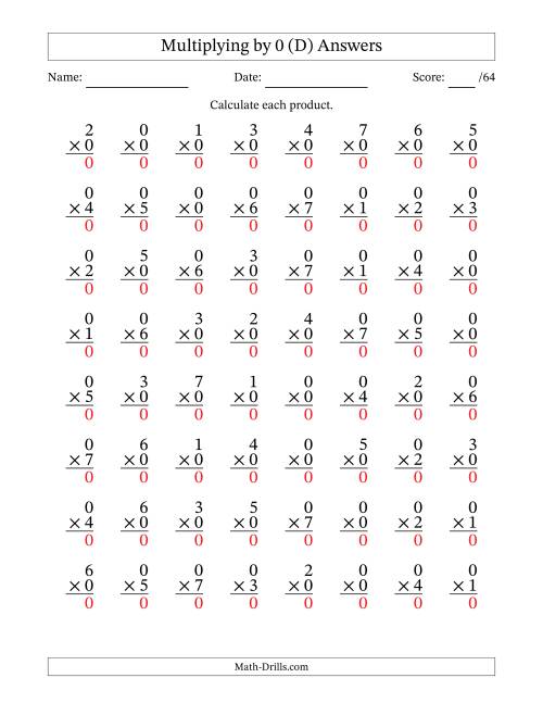 The Multiplying (0 to 7) by 0 (64 Questions) (D) Math Worksheet Page 2